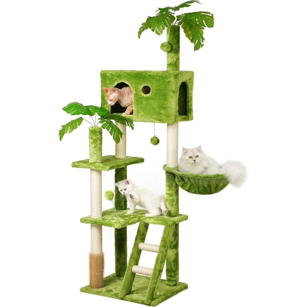 Albero per Gatti Alto 65 Pollici con Foglie per Gatti da Interno, Torre per Gatti Verde con Tiragraffi, Amaca Sospesa, Posatoio Accogliente, Palla Oscillante, Sel Gr