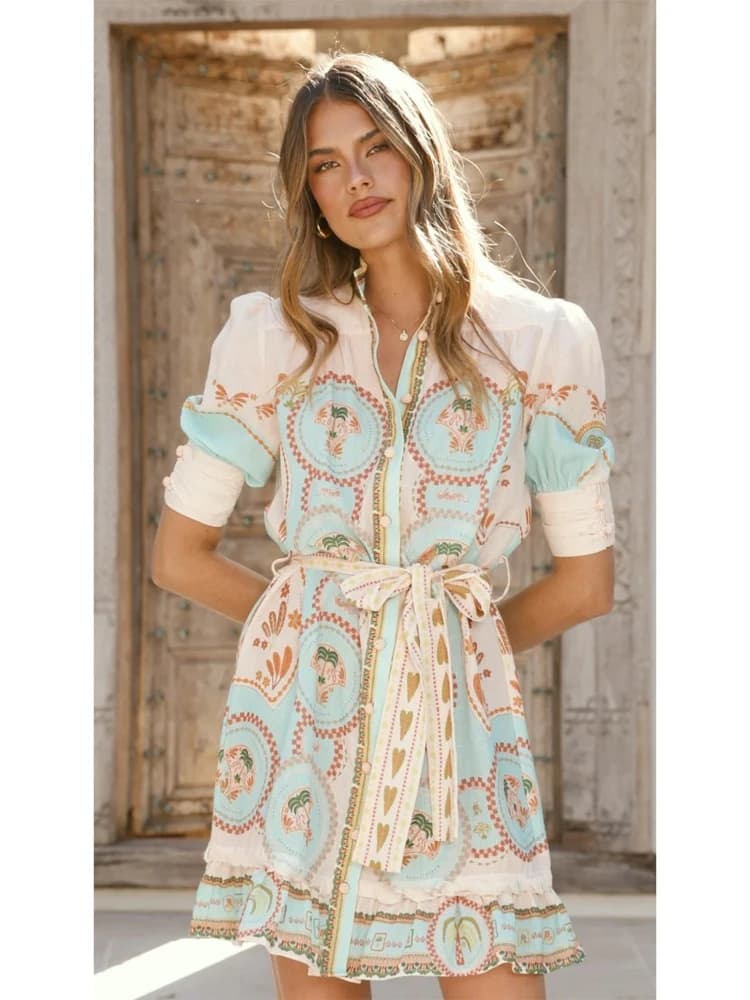 2026 Summer Fashion New Women's Elegant Medium length Printed Dress Single breasted Waist Beach Bohemian Style Dress