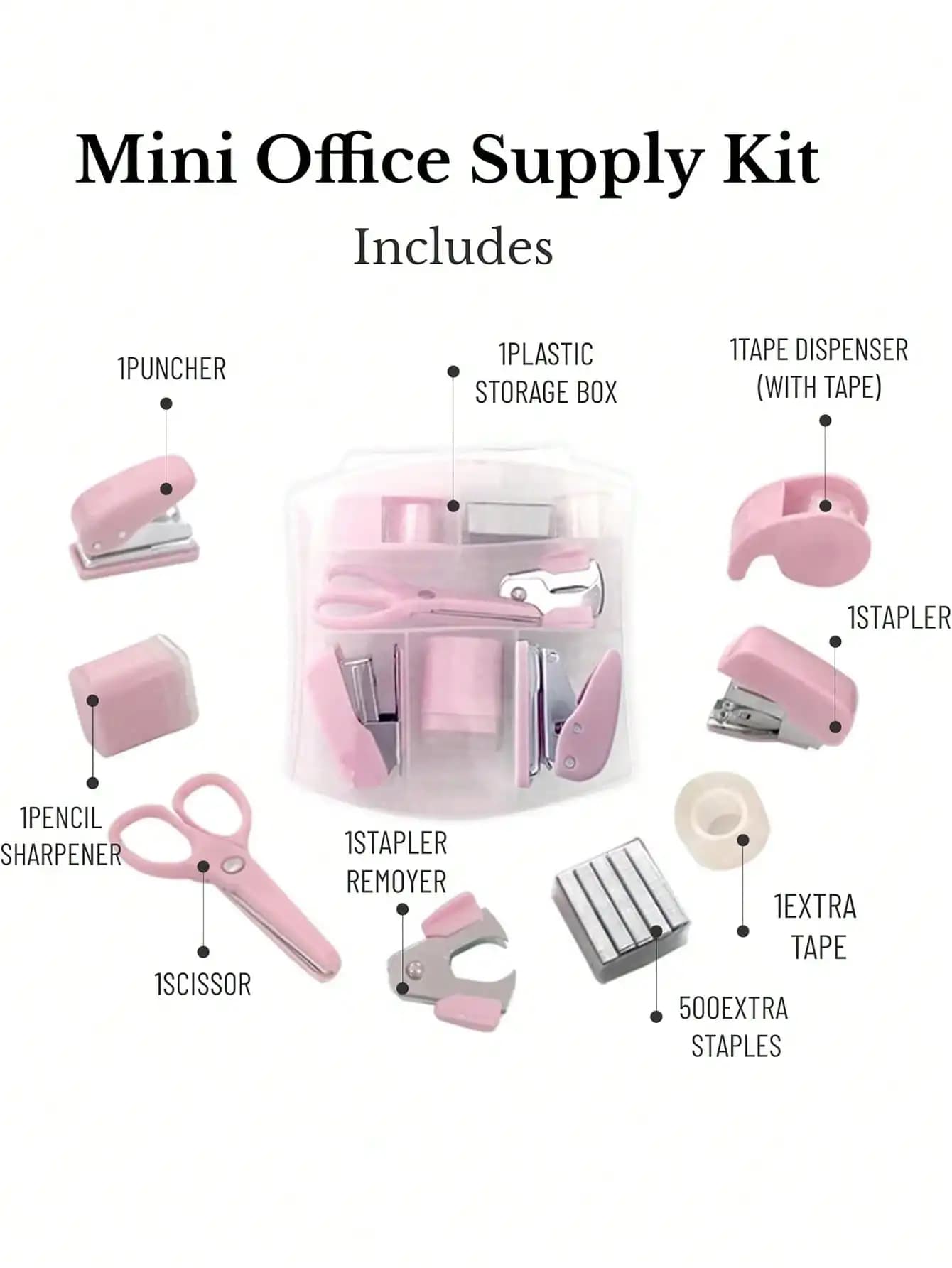 Kit di mini forniture per ufficio da 8 pezzi Mini materiale scolastico: include mini cucitrice, forbici, graffette, graffette, dispenser per nastro