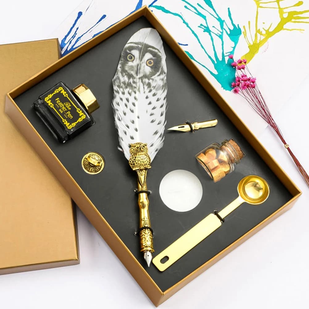 Stationery Fountain Pen Set Retro Calligraphy Owl Feather Quill Writing Dip Pen