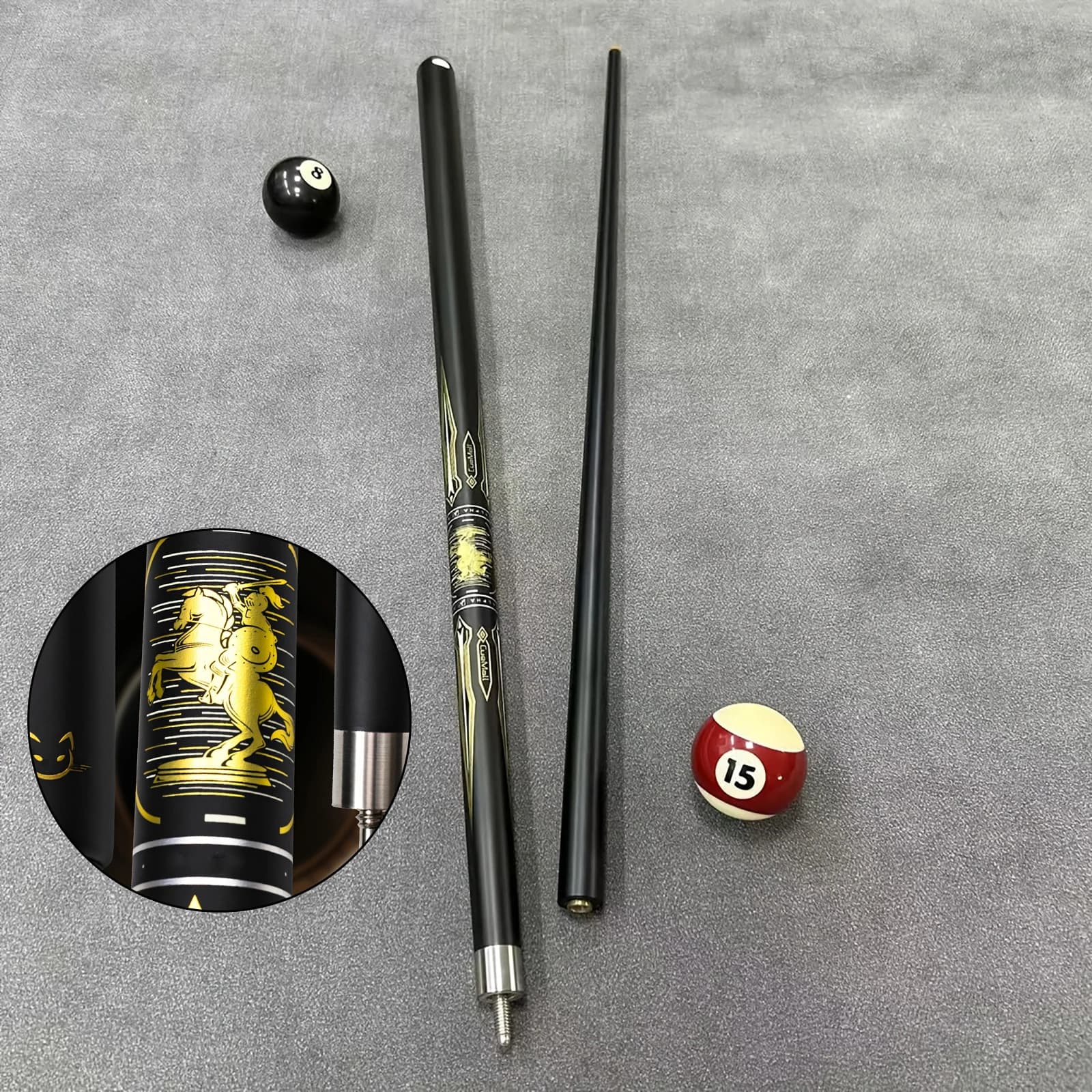 58" 19oz 2-Piece Carbon Fiber Pool Cue, Golden Knight Horse Graphic Billiard Stick, 11.5mm Medium Tip for Indoor Table Games