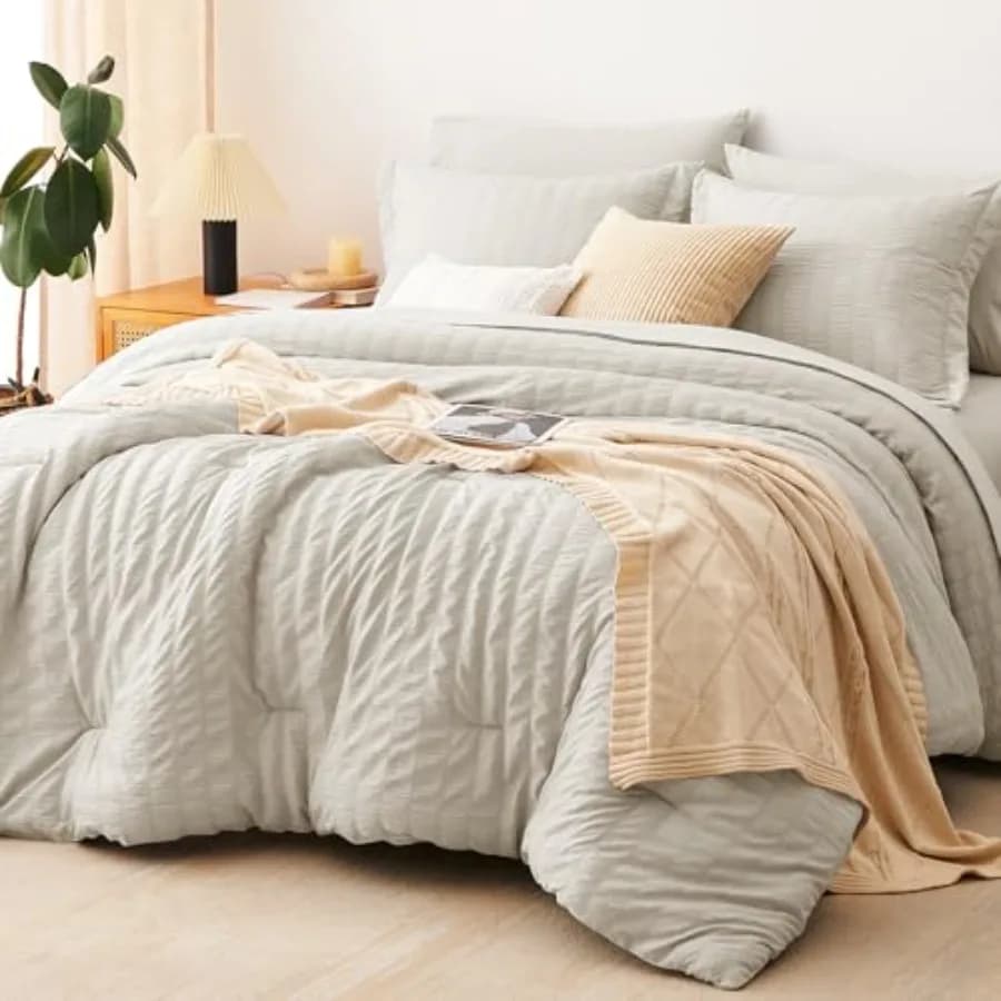 Set Copripiumino Seersucker 7 Pezzi, Set Letto Completo con Lenzuola, Set Biancheria da Letto di Lusso Morbido con Imbottitura Alternativa alla Piuma