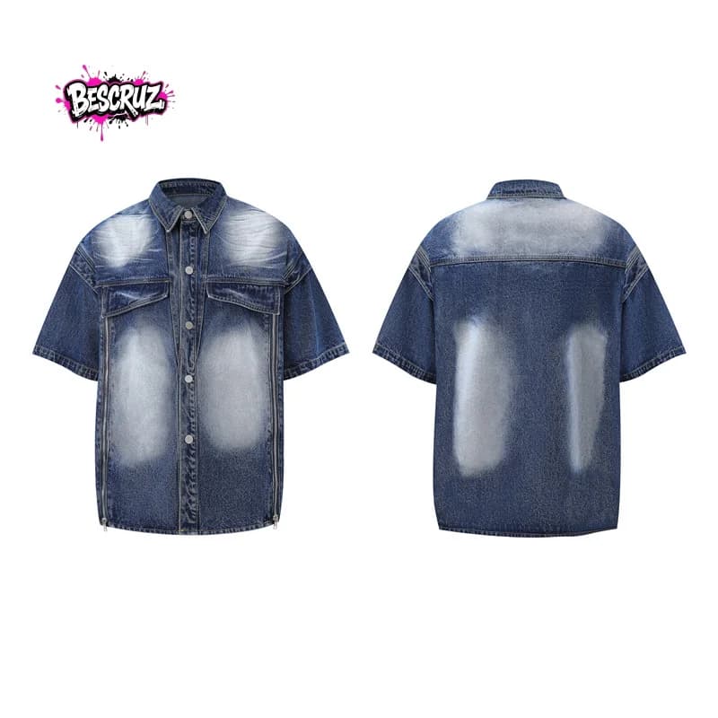 BESCRUZ High Quality EU US Size Retro Summer Washed Gradient Deconstructed Short Sleeve Jeans Set for Men