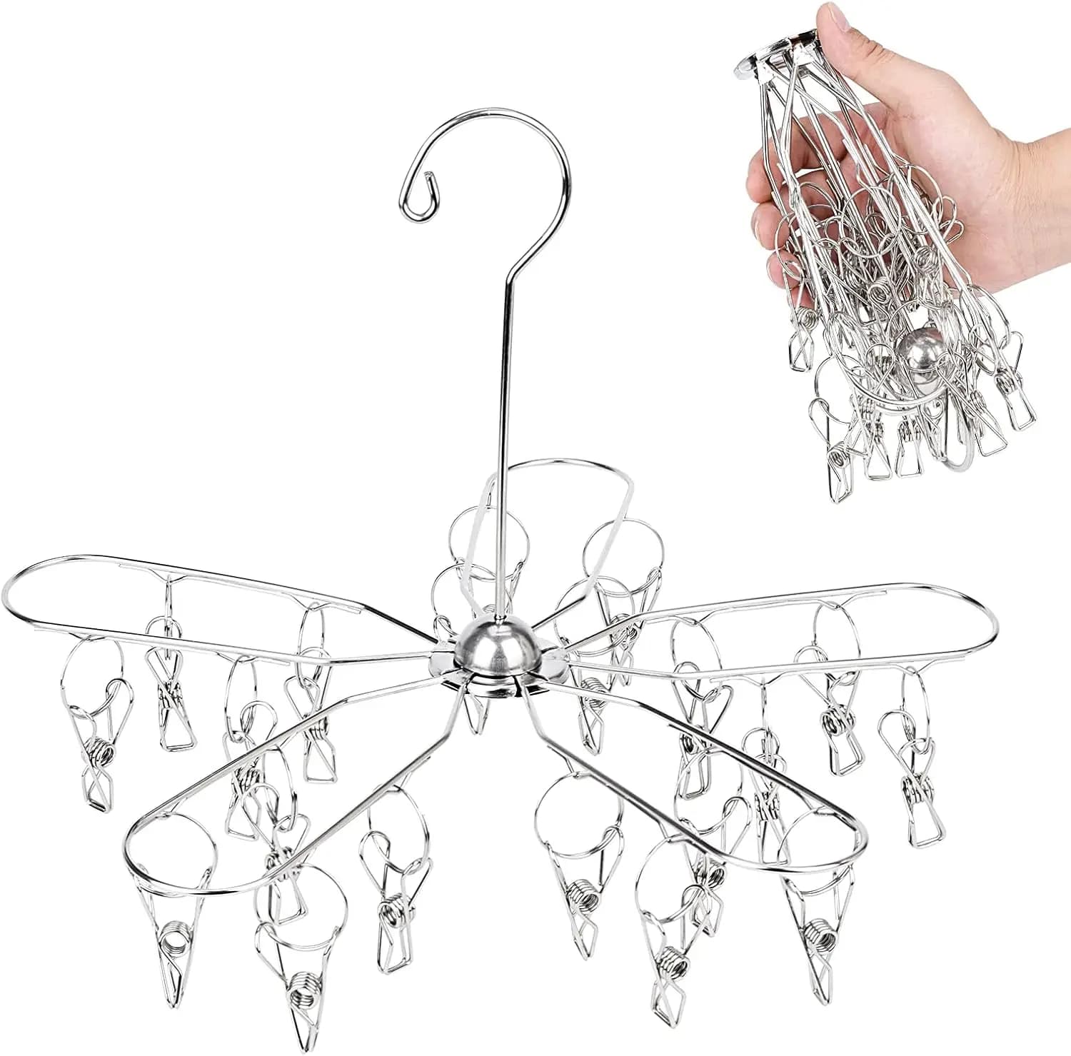 Foldable Clothes Drying Rack Stainless Steel Clothes Drying Hanger with 20 Clips, Laundry Hanging Dryer for Underwear, Sock, Bra