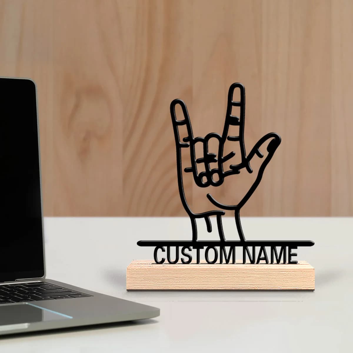 1 statuetta in metallo personalizzata ed elegante con gesti di saluto rock, con base in legno, decorazione da tavolo, regalo per musicisti con Woo
