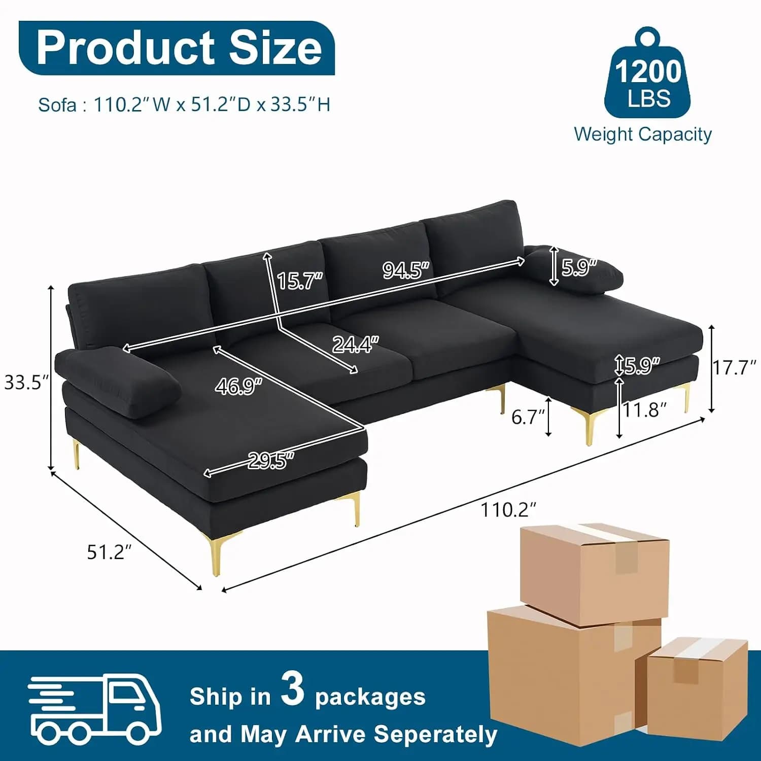 110" Modern Sectional Couch with 51" D Double Chaise, Black Deep Seat U Shaped Couch with Removable Pillows & Metal, Customized