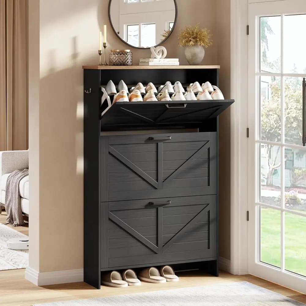 Armadio per scarpe Shaker Barn Door - 3 ripiani e 3 ripiani regolabili, ultra sottile, autoportante, in stile rustico nero spazzolato