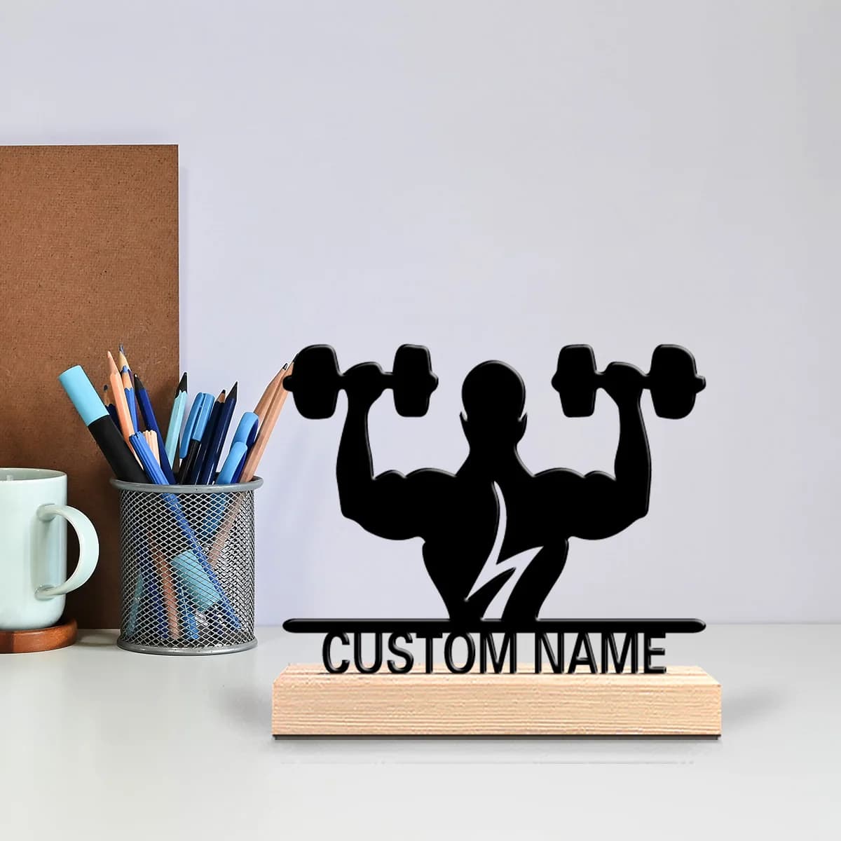 1pc New Design Personalized Custom Weightlifting Dumbbells Metal Statues Symbolic desktop decoration with wooden base gift male