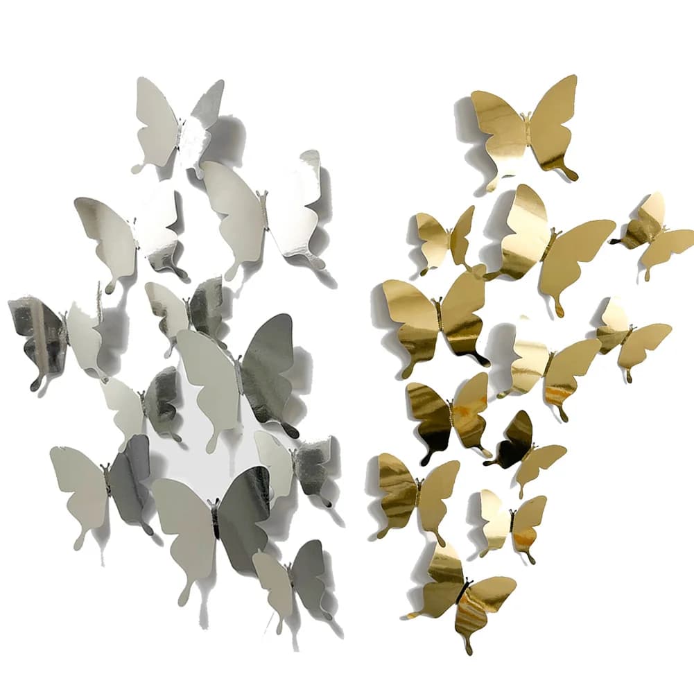 12 Pezzi Adesivi Murali Riflettenti a Forma di Farfalla Oro e Argento, Decorazioni per Soggiorno, Feste, Casa, Matrimoni