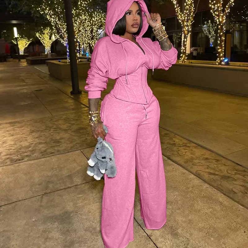 Streetwear Tuta casual Donna Set due pezzi Cerniera sportiva Con cappuccio Fasciatura con lacci Corsetto Giacca e pantaloni sportivi Set coordinati