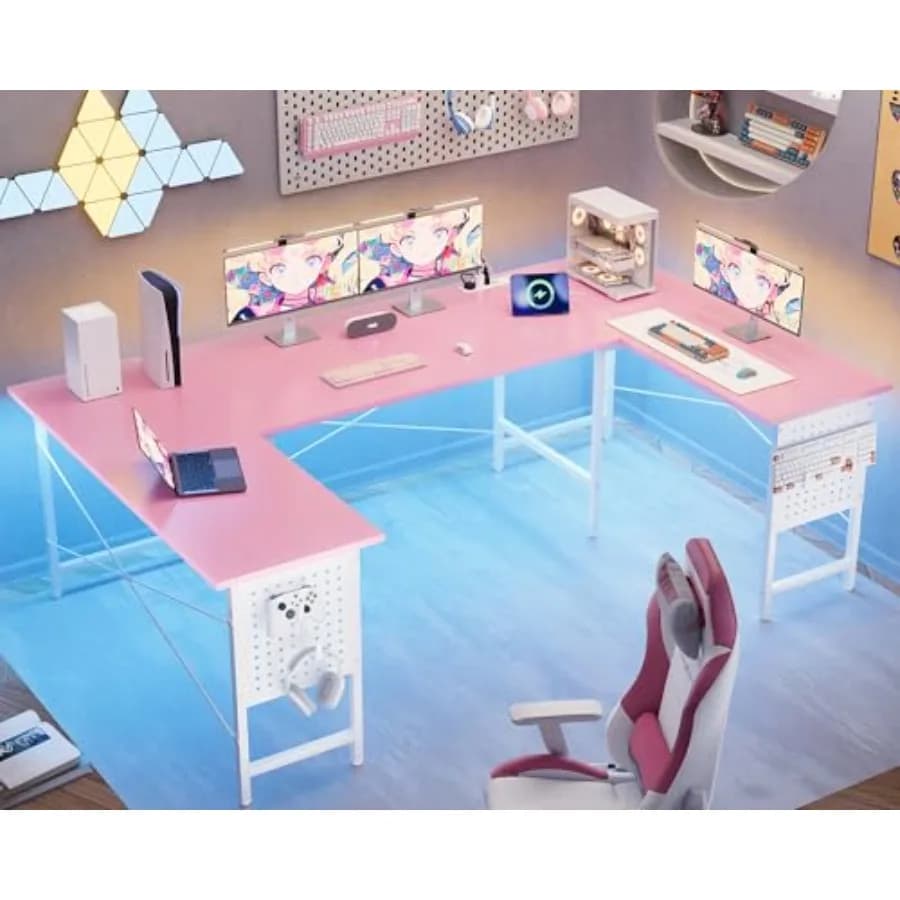 Scrivania per Computer Grande da 71 Pollici con Prese di Corrente, Scrivania ad Angolo a U per Ufficio Domestico, Lavoro e Gaming, Rosa