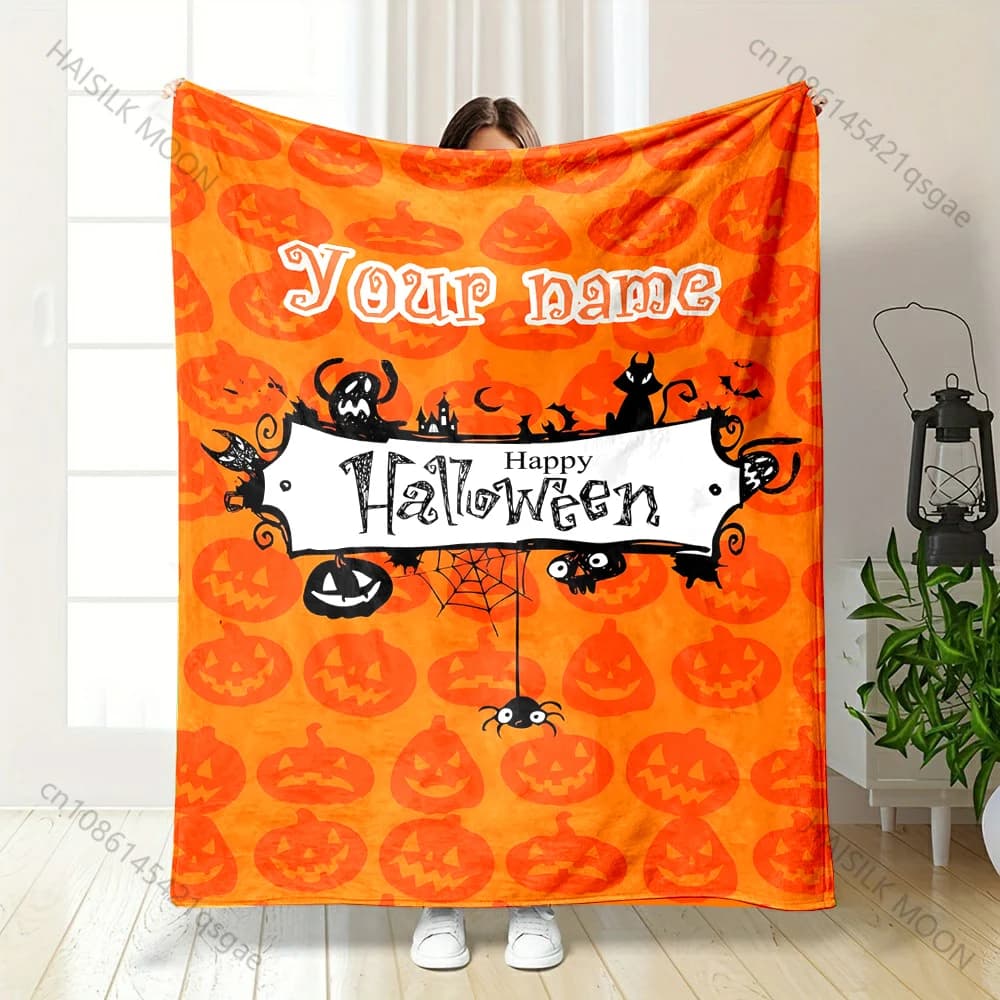 Personalizzazione Nome personalizzato Coperta Elementi di Halloween Stampa soffice morbida flanella per divano di casa Viaggio RV Regalo di festa