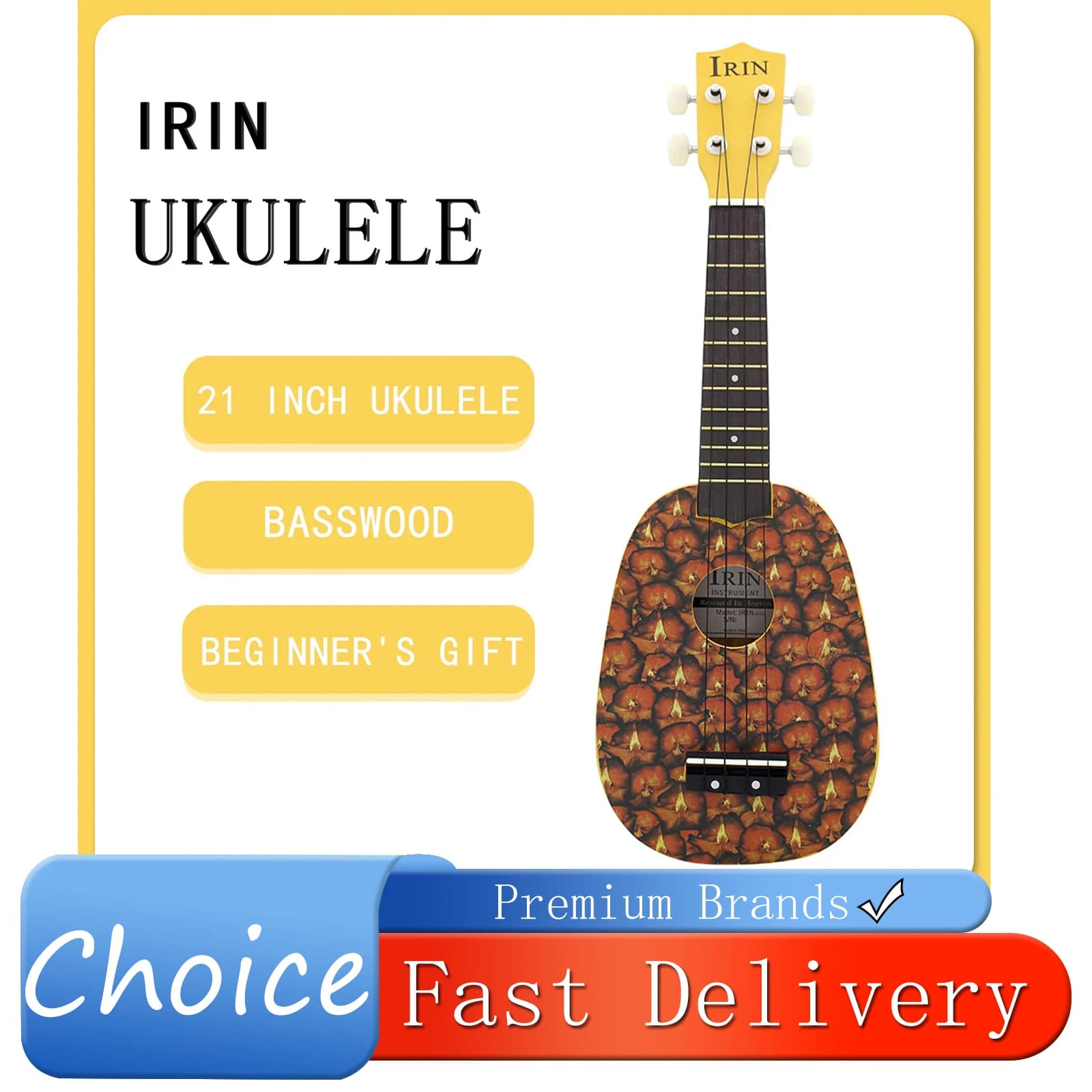IRIN Ukulele 21 Pollici a 4 Corde, Chitarra Hawaiana a Forma di Ananas, Mini Chitarra in Legno di Tiglio, Strumento Musicale a Corde per Principianti