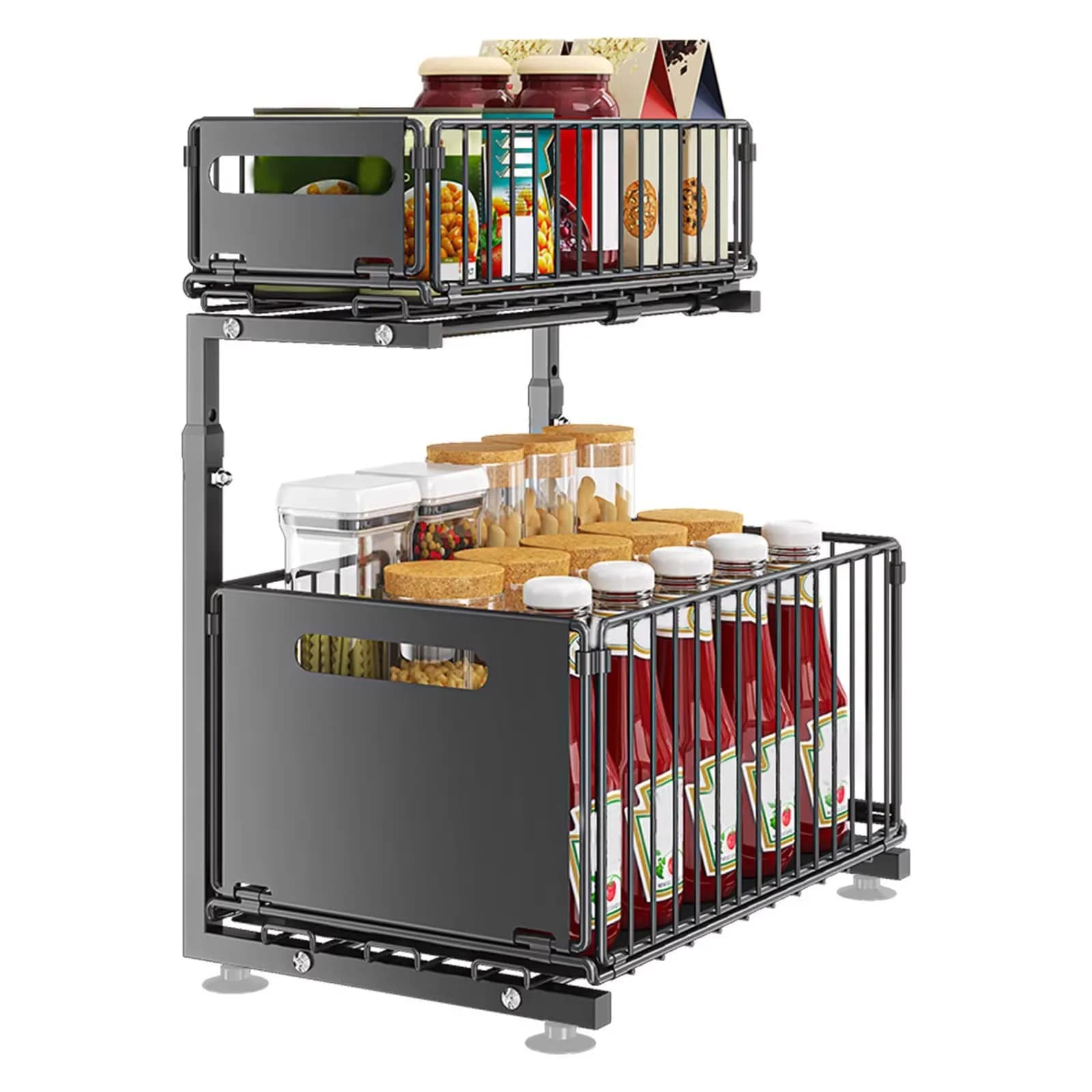 Organizzatore Sottolavello a 2 Livelli Regolabile con Cassetti Estraibili, Robusto Scaffale in Metallo con Ventose e Ganci per Cucina