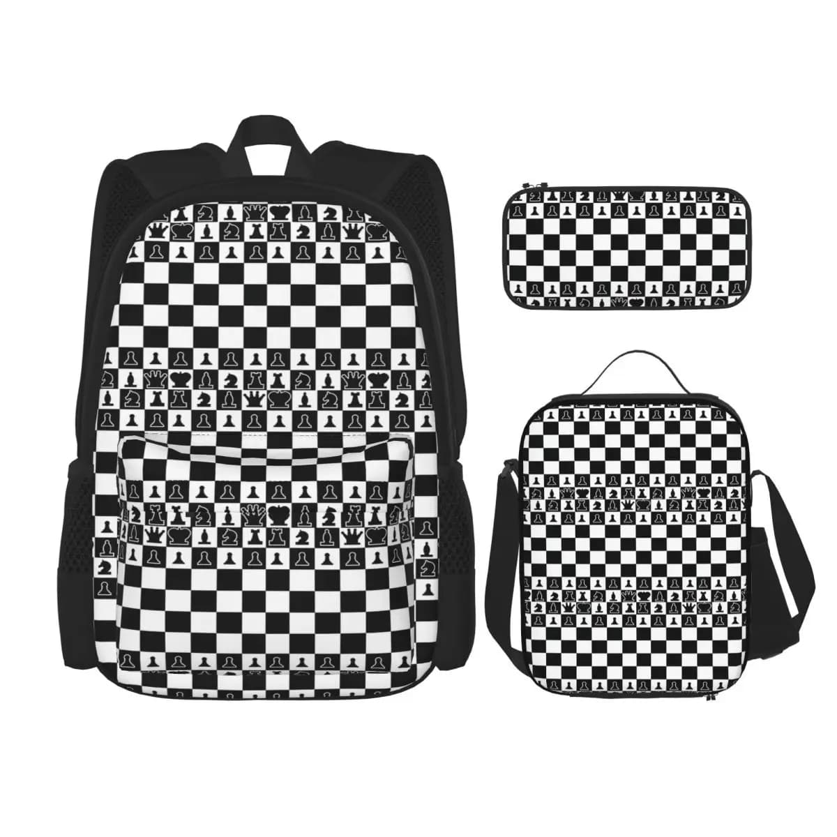 Chess Board Black And White Grid Checkered Backpacks Boys Girls Bookbag School Bags Rucksack Lunch Bag Pen Bag Three-Piece Set