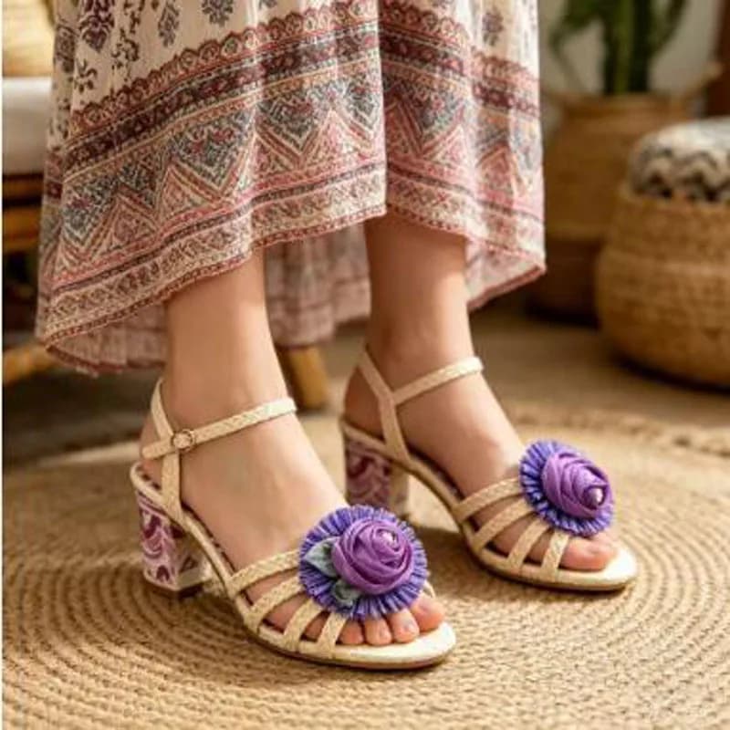 Sandali con tacco a blocco e stampa floreale viola, con cinturino a fibbia, in paglia beige intrecciata, con tacco quadrato e design traforato, scarpe eleganti da donna