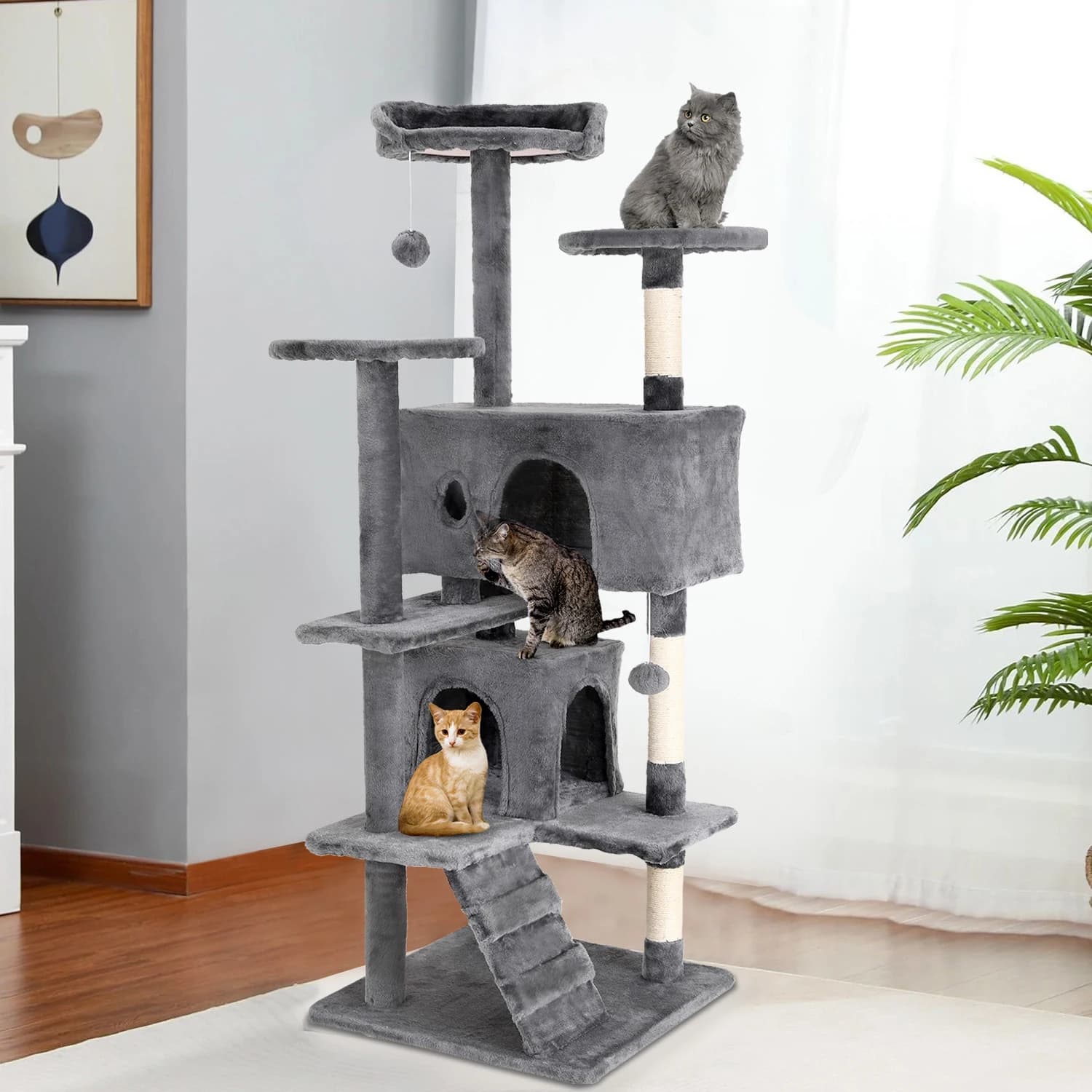 Albero per gatti Torre per gatti da 54/70 pollici Condominio per gatti con tiragraffi rivestiti in sisal Palla pendente per gatti che giocano e dormire