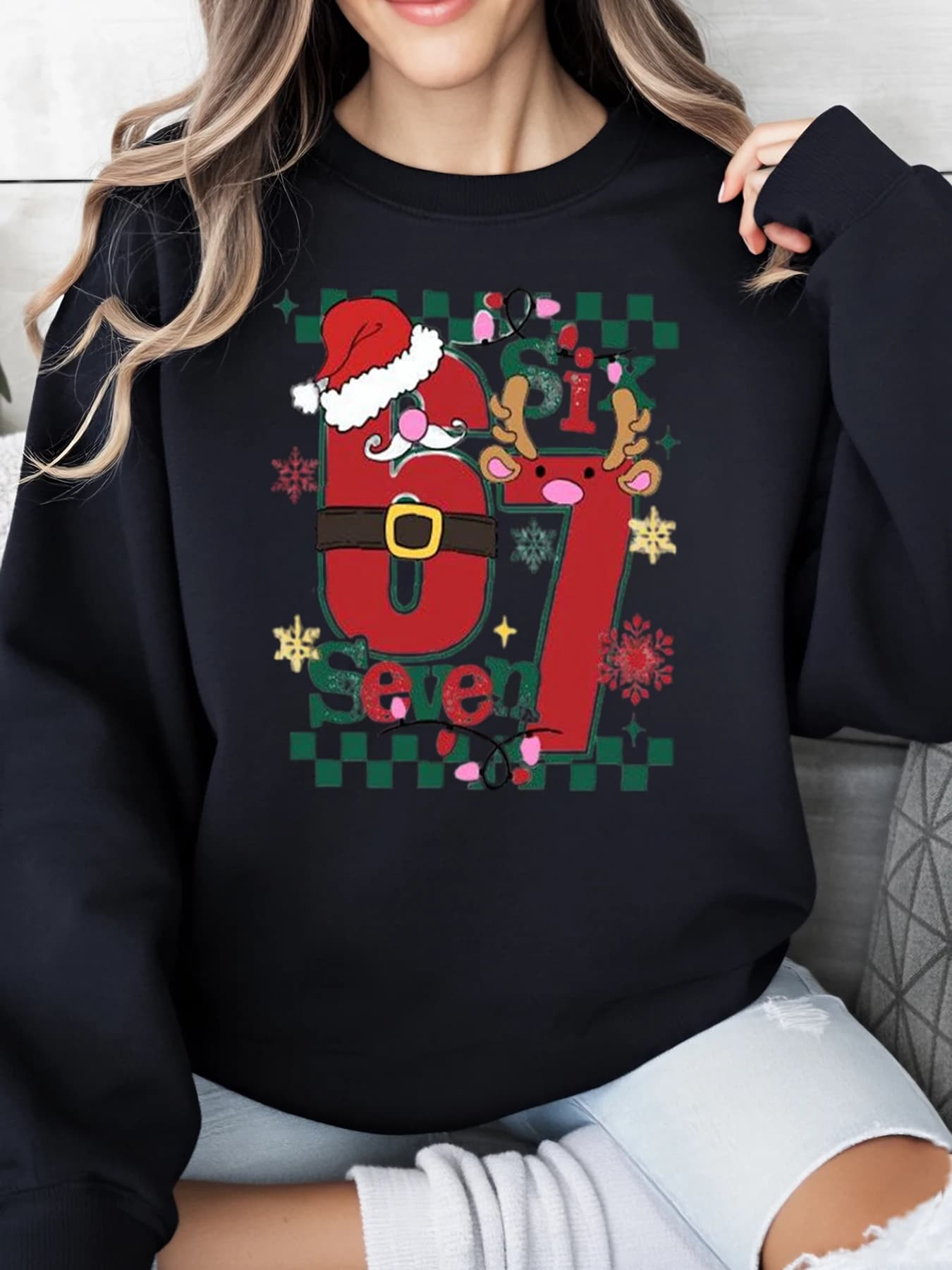 Santa Claus 67 Seven Christmas print sweatshirt for women, party, casual clothing, black, strong sizes