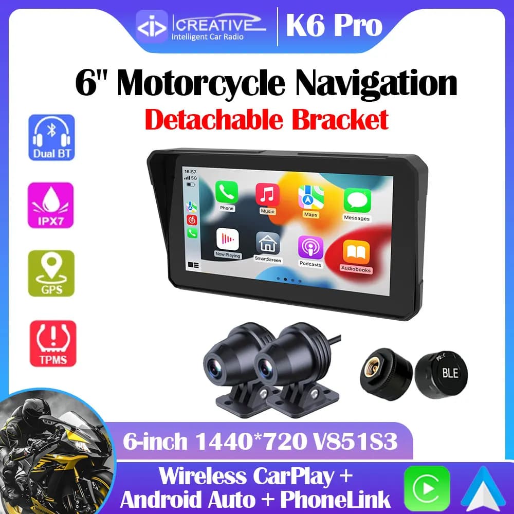 Icreative 6inch Motorcycle Navigation DVR with Detachable Bracket GPS Wireless CarPlay Android Auto IPX7 Display Screen 1440*720