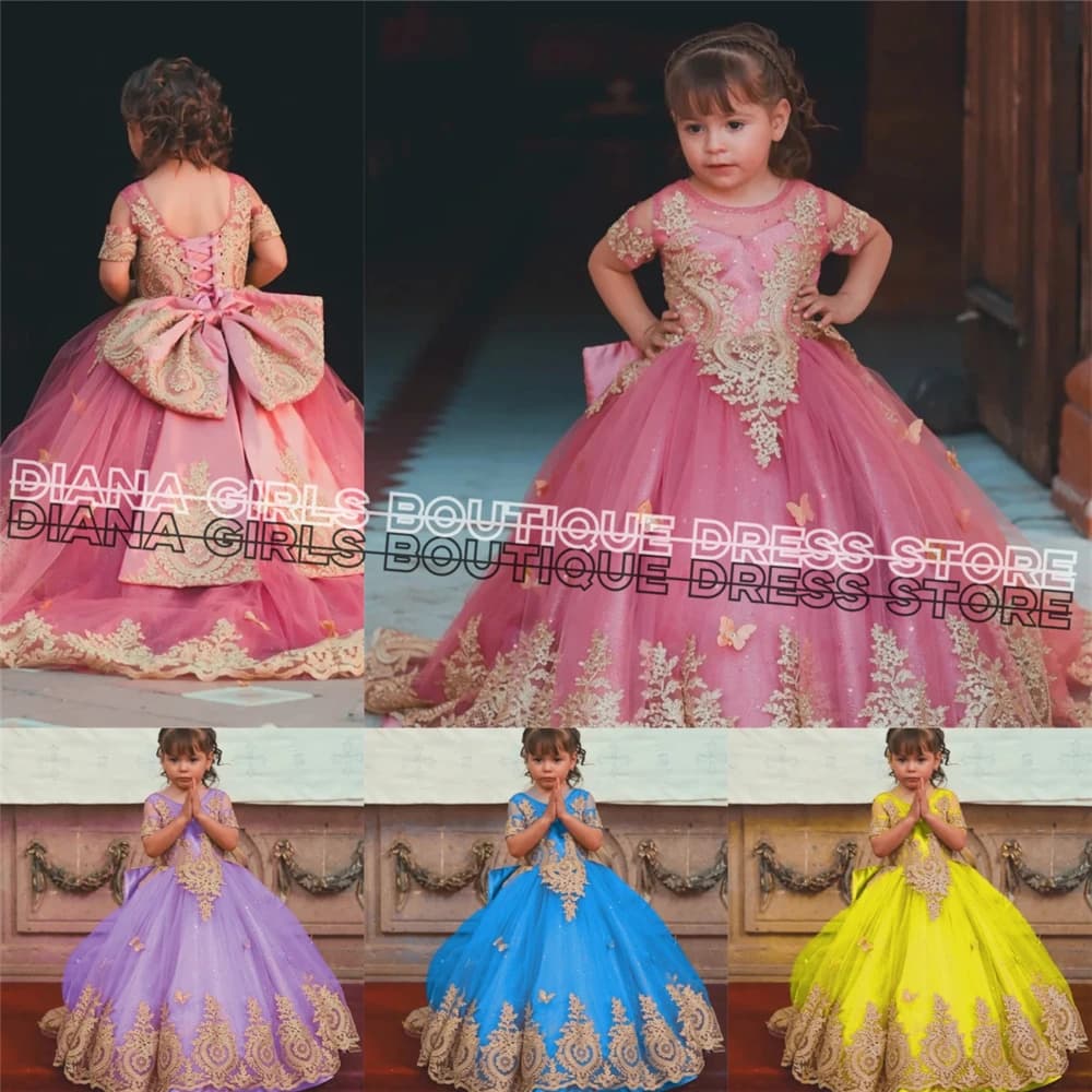 Luxury Flower Girl Dress Tulle Fluffy With Quality Lace Applique Big Bow Sash Kids Wedding Birthday Party Ball Evening Gowns