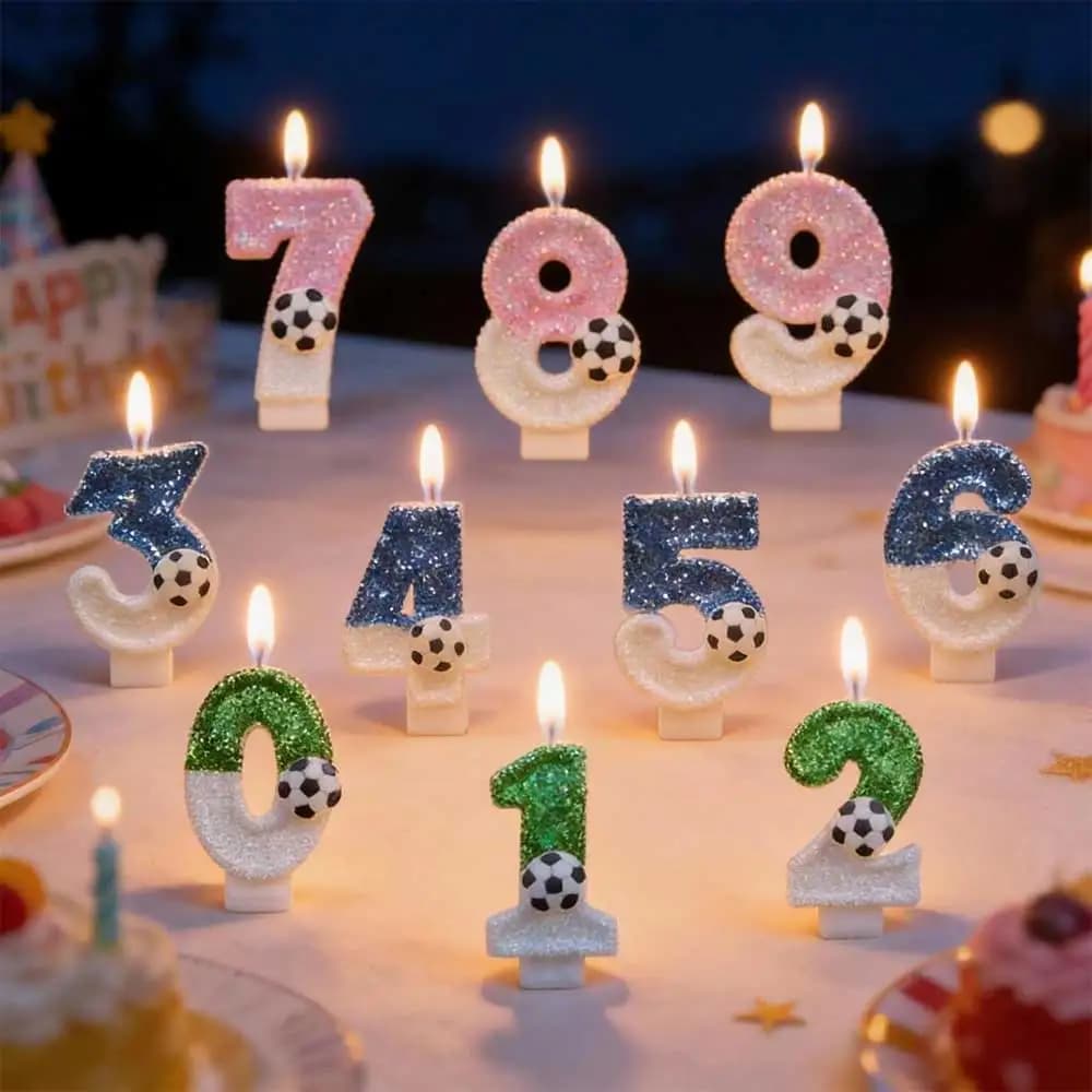New Soccer Theme Candles with Numbers from 0 to 9, Green, Pink and Blue, Fai-da-Te cake decoration for Birthday parties