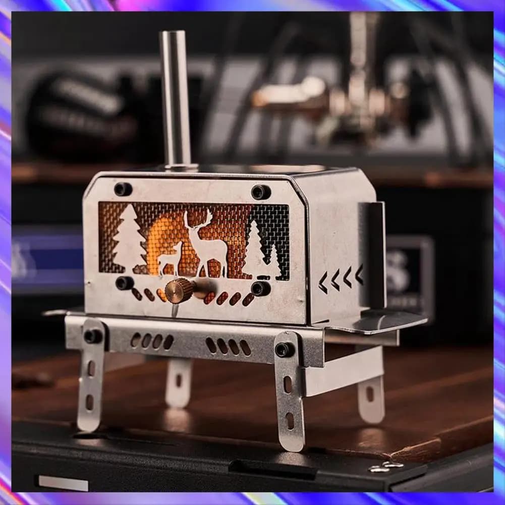 L71A Portable Outdoor Camping Wood Stove for Tent Stainless Steel Tent Stove Decorative Christmas Tree and Walnut Table