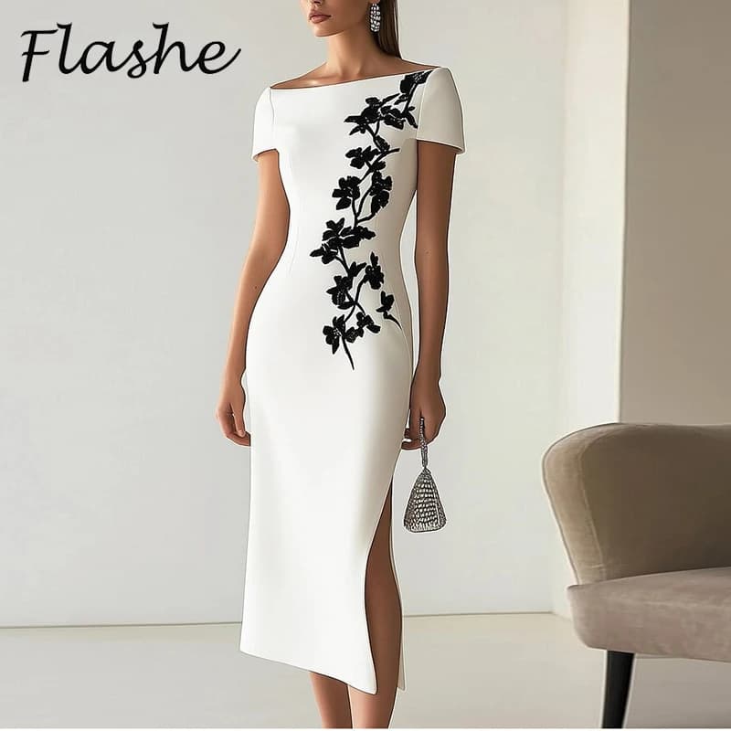 Abito elegante da donna estivo o collo manica corta abiti da festa divisi per le donne Abito longuette da ufficio stampato floreale sottile alla moda