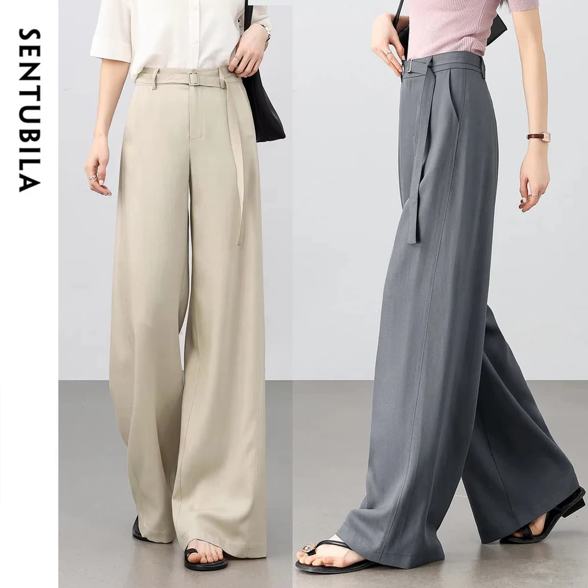 Pantaloni da donna SENTUBILA in Lyocell Primavera Estate 2026, modello ampio a lunghezza intera, alla moda, tinta unita, per lavoro e affari, con cintura 152K87962