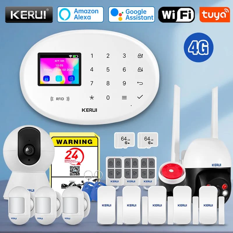 KERUI 4G WiFi GSM Kit allarme domestico wireless Tuya Sistema di allarme intelligente W204 per la sicurezza domestica con sensore di movimento Rilevatore di fumo Sirena