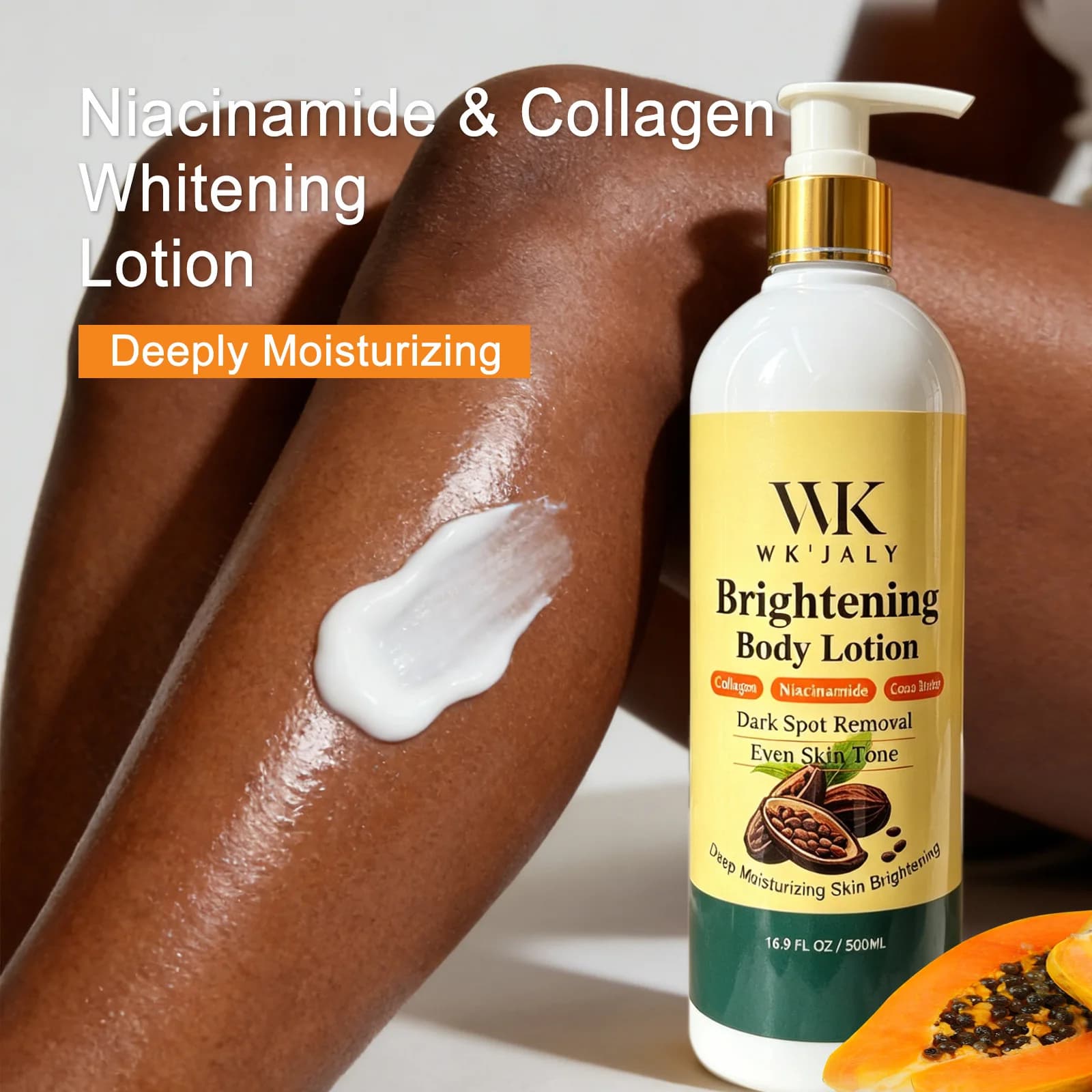 Body Lotion Whitening Collagen WK JALY, Removes Macchie Scure, Melanine, Hydrating, Lyscia Skin, With Natural Papaya, Kojico Acid