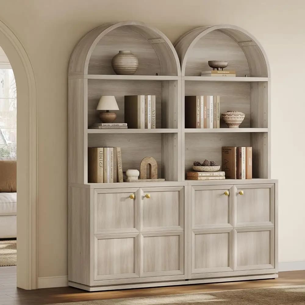 Libreria ad arco a 5 ripiani con mensole regolabili e sistema di gestione dei cavi, finitura grigio rovere bianco, set da 2 pezzi per ufficio domestico o soggiorno