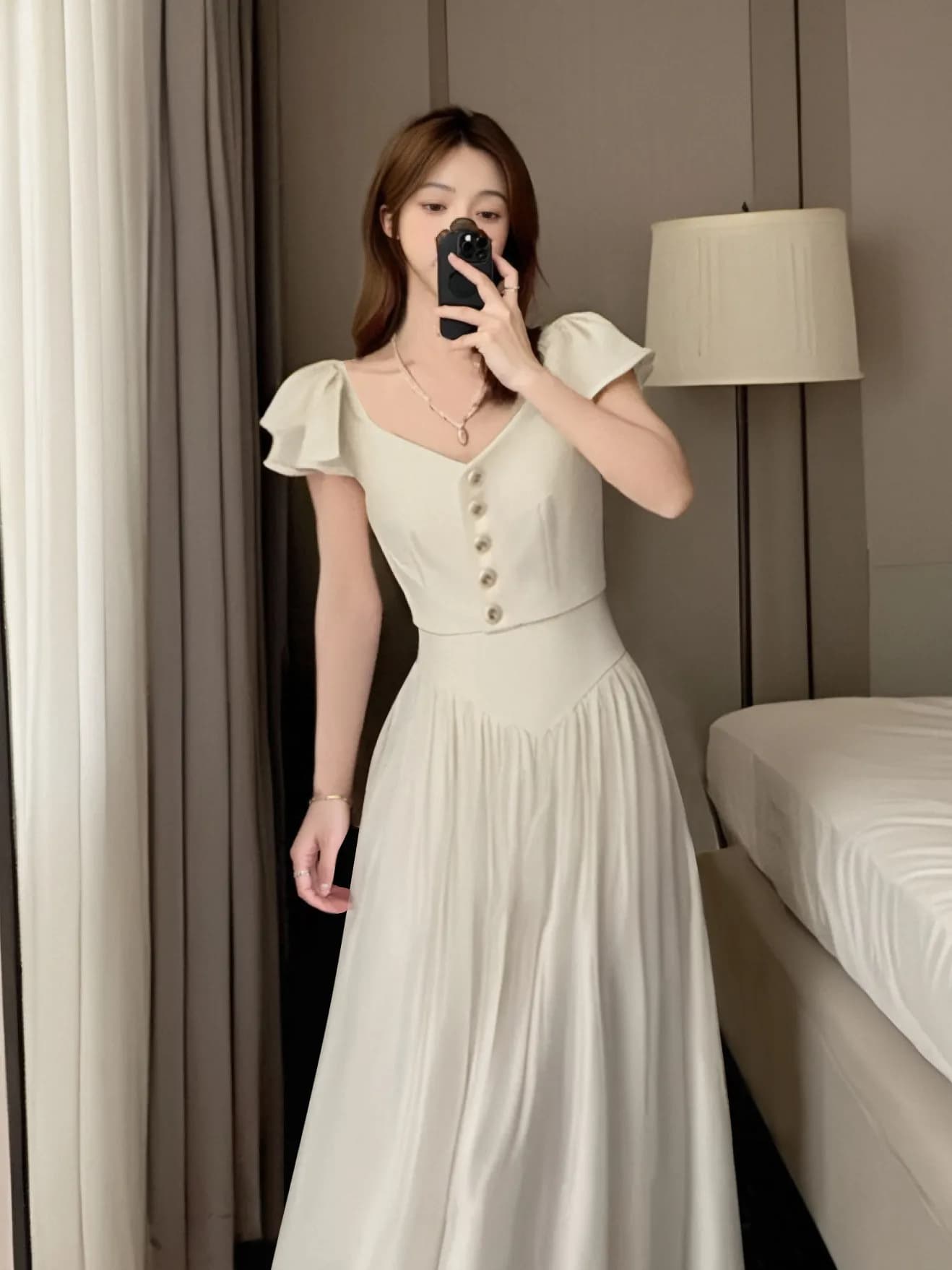 Elegant Summer Tea Break Bubble Sleeve Dress Women's Fashion Set Casual Style V-Neck Polyester Fiber Short Sleeve Two-Piece Set