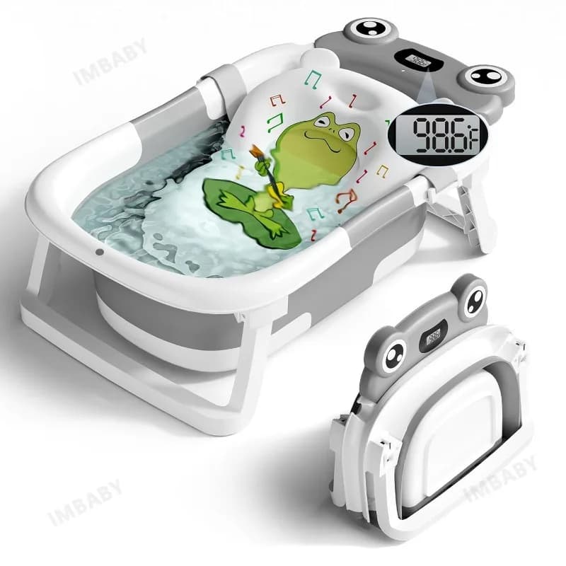 Vasca da Bagno Pieghevole Portatile per Neonati con Display della Temperatura, Cuscino e Tappo di Scarico, Base Antiscivolo e Design per Neonati