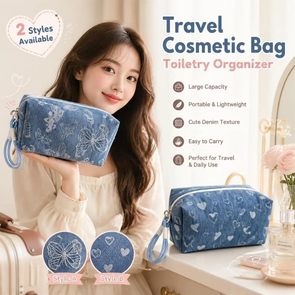 Large Capacity Butterfly Print Cosmetic Pouch Heart Puffy Storage Pouch Organizer Zipper Pillow Shape Travel Toiletry Bag