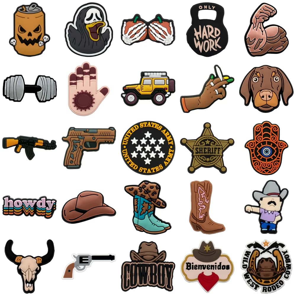 1-50 PCS Classic Retro Denim Boys' Shoe Charms, Revolver Hat and Dumbbell Charms for Shoes, Sandals Buckle Accessories