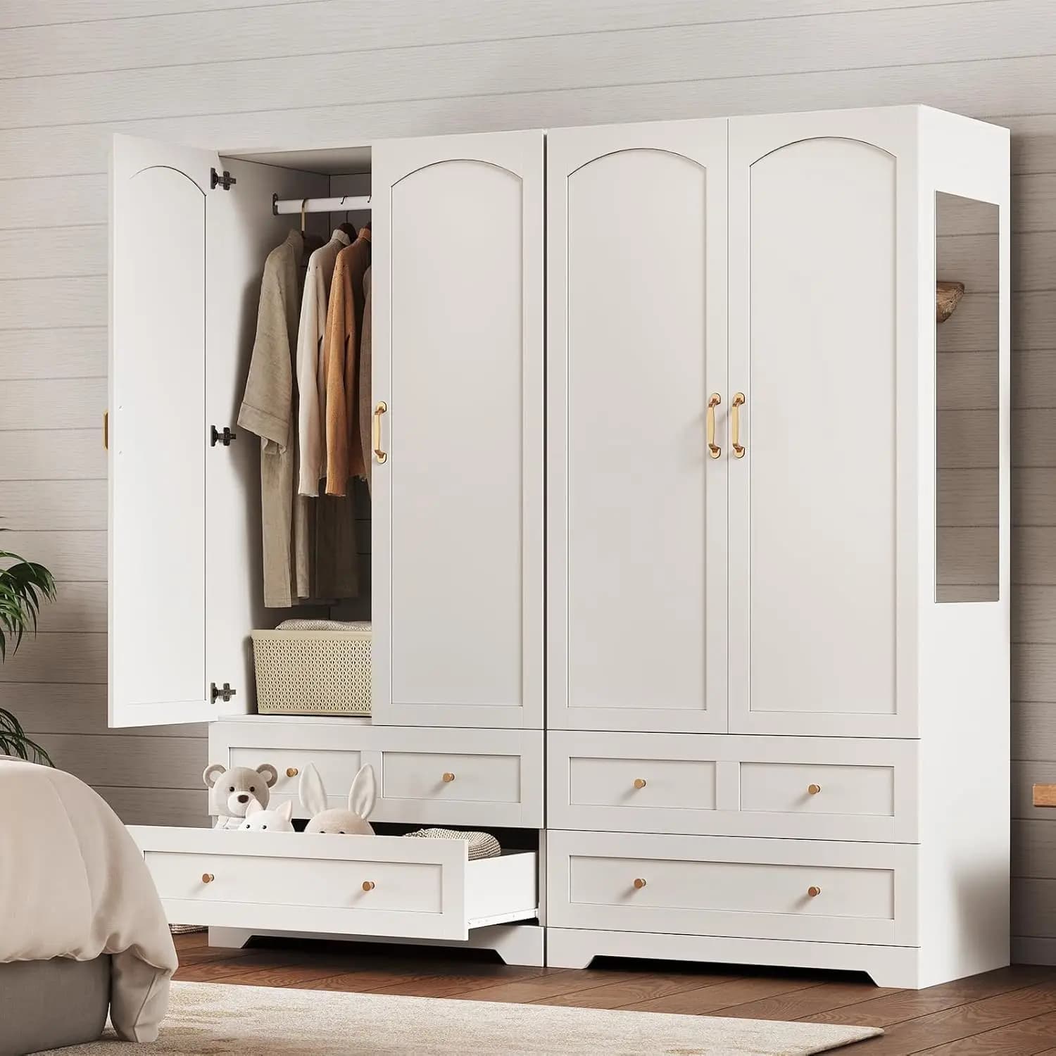 Armadio Guardaroba con 2 Cassetti e 2 Ante, Armadio per Camera da Letto con Specchio a Figura Intera, Bianco, Personalizzabile