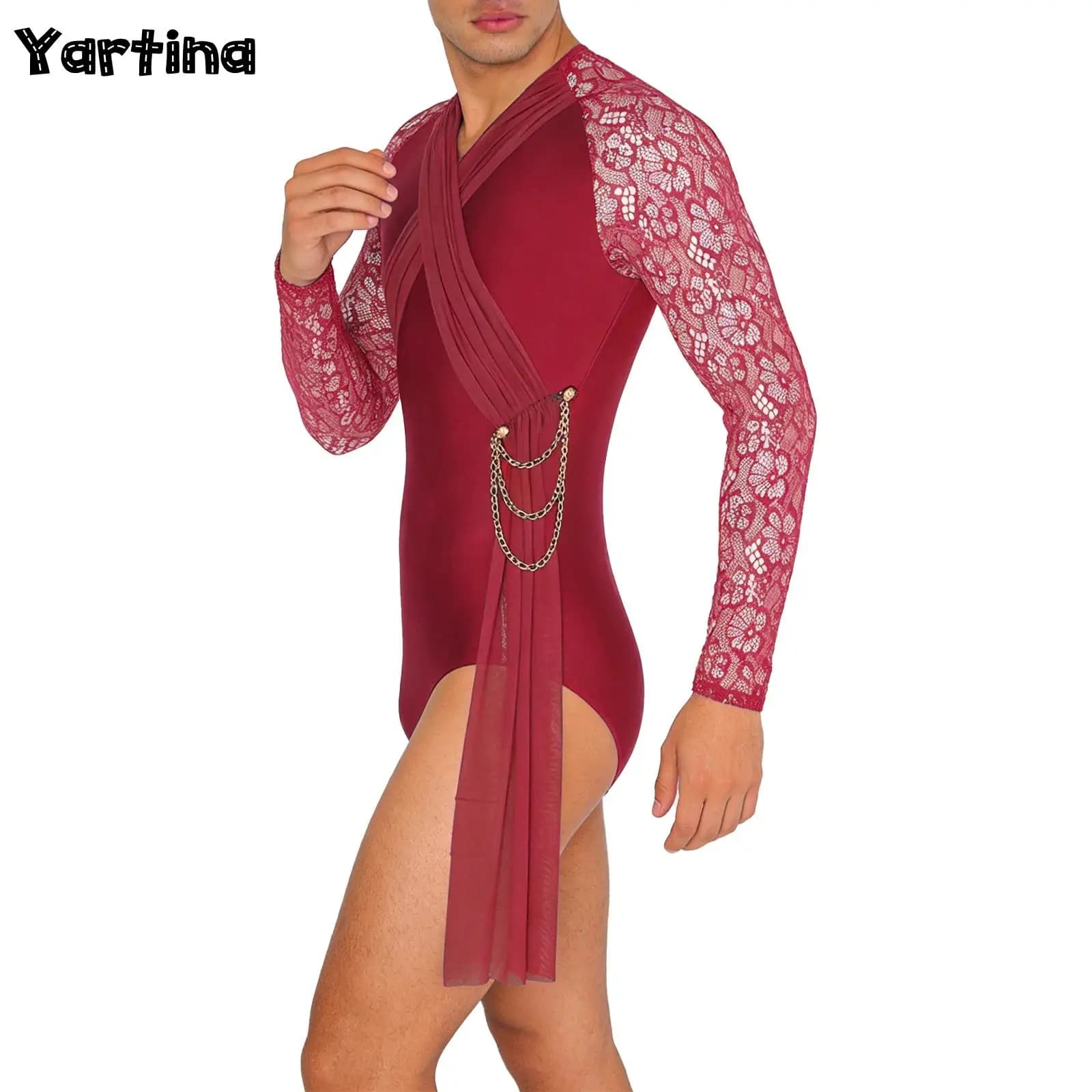 Ginnastica da uomo Pattinaggio di figura Tango latino Danza Body Camicie Costume Strass scintillanti Cavallo apribile Body Tuta