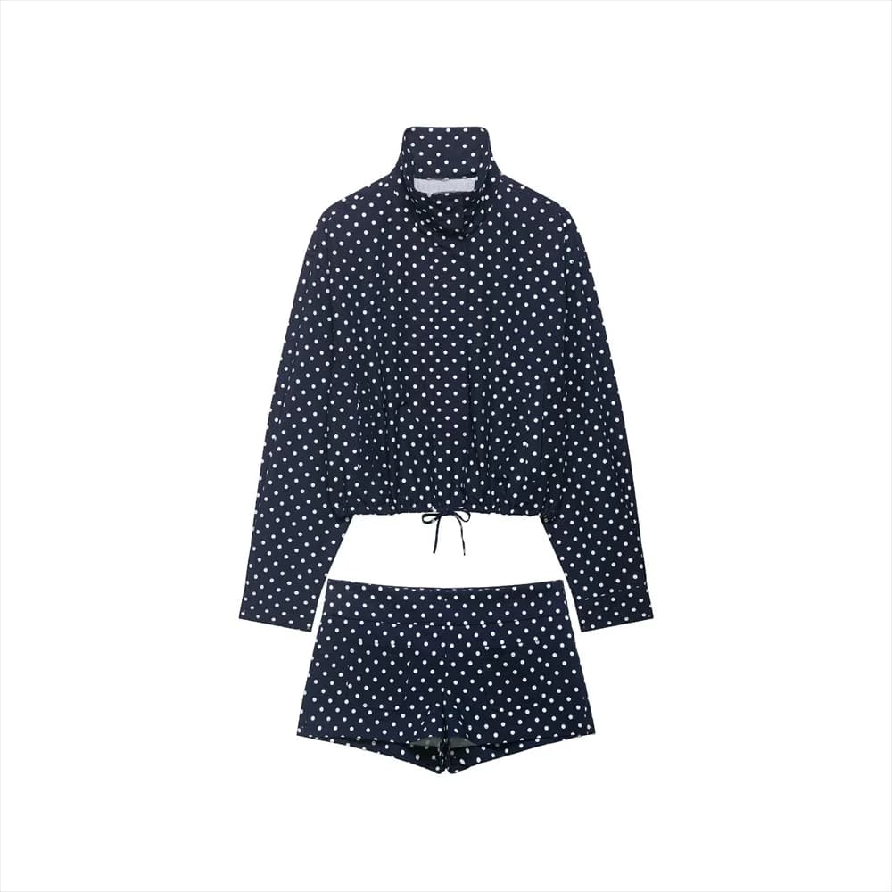 Nuova collezione 2026: Giacca casual da donna a maniche lunghe in filato schiumato a pois e shorts a vita bassa con mini tasche