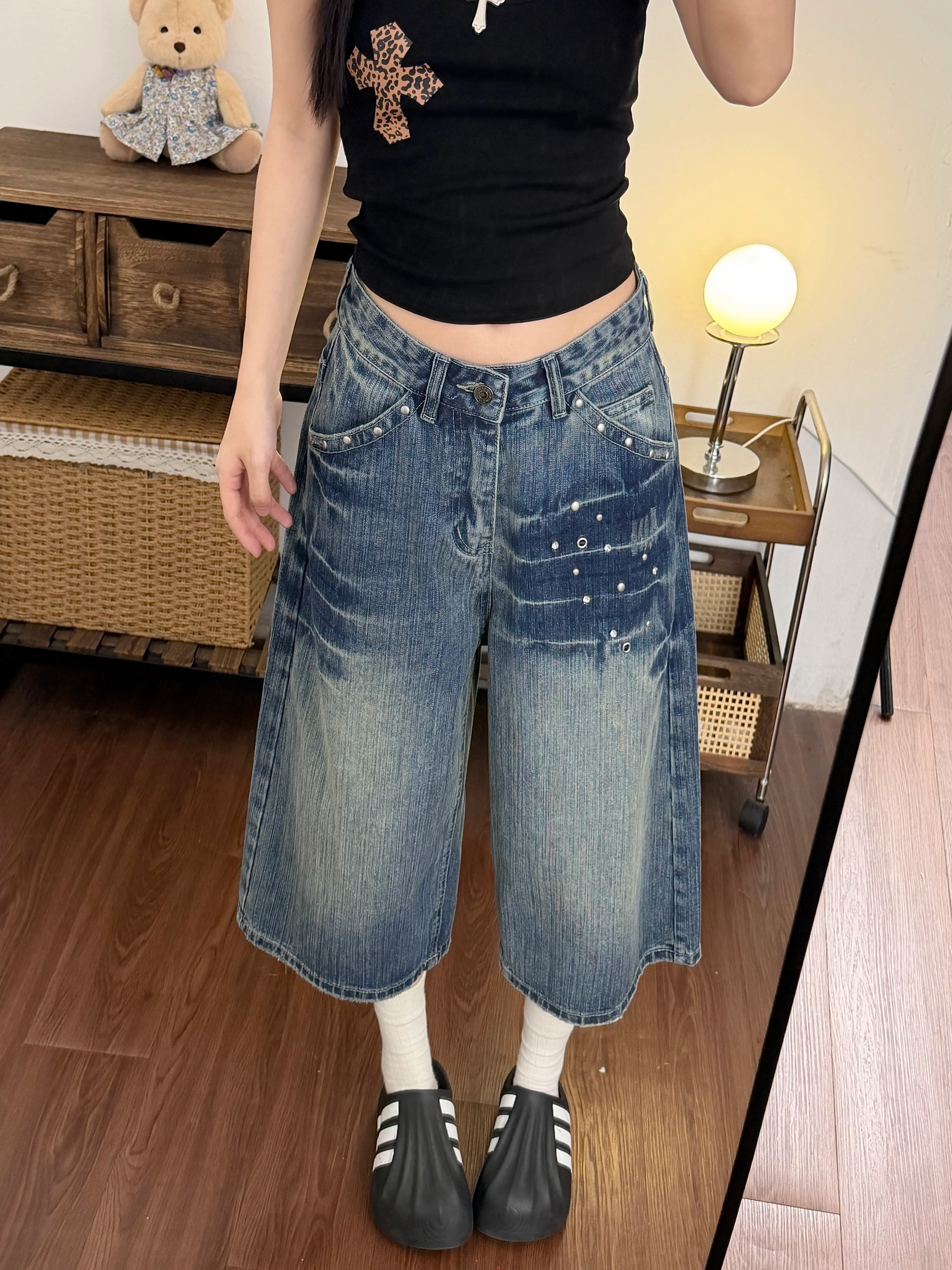 Retro American Washed Lightning Seven-Five Denim Shorts Women's Summer plus Size Cover-Up Wide-Leg Mid-Length Jeans