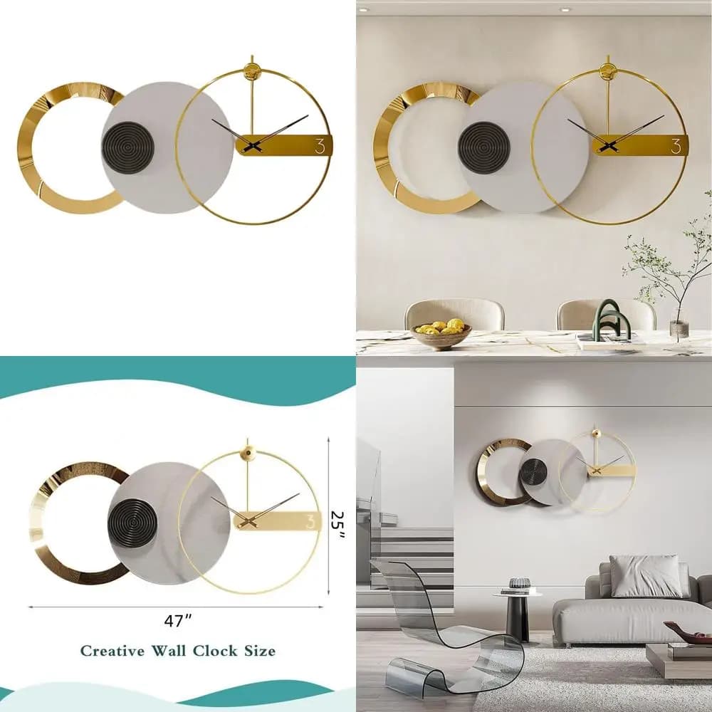 Large Metal Round Face Watch 47 Inches, Silent, Decorative, Unique for Living, Bedroom or Office, Black and Gold