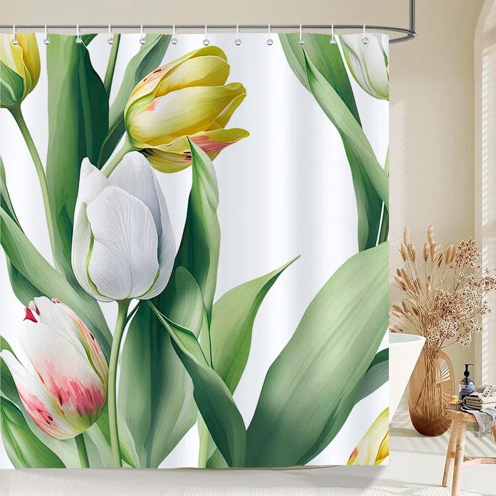 Tende da doccia con stampa di fiori di tulipano Acquerello Boho floreale in poliestere impermeabile Tenda da bagno per vasca da bagno Decorazione della stanza con ganci