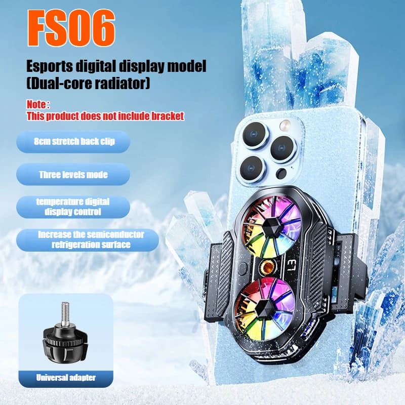 FS06 Dual Cell Phone Cooling Fan, Universal Back Clip, PUBG Semiconductor Radiator with Temperature Display for iPhone and Android