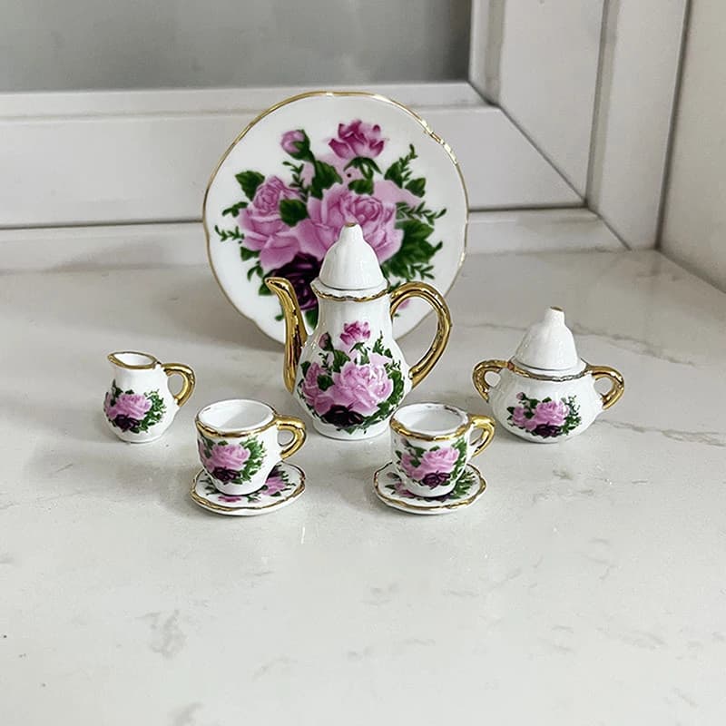 1Set 1/12 Casa delle bambole in miniatura Accessori Mini Ceramica Set da tè Simulazione Bollitore Piatto Tazza Modello Giocattoli Decorazione della casa della bambola Regalo