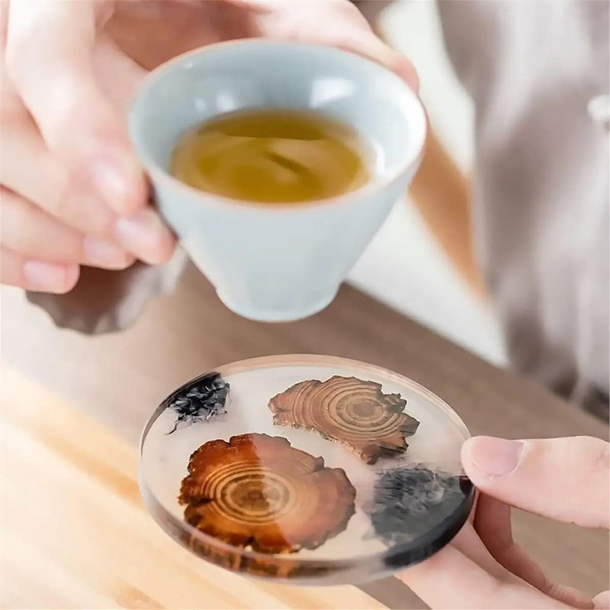 6 Pcs Wood Coasters with Holder, Resin Epoxy Coaster for Drinks, Cool Coaster Art Table Protection Decor