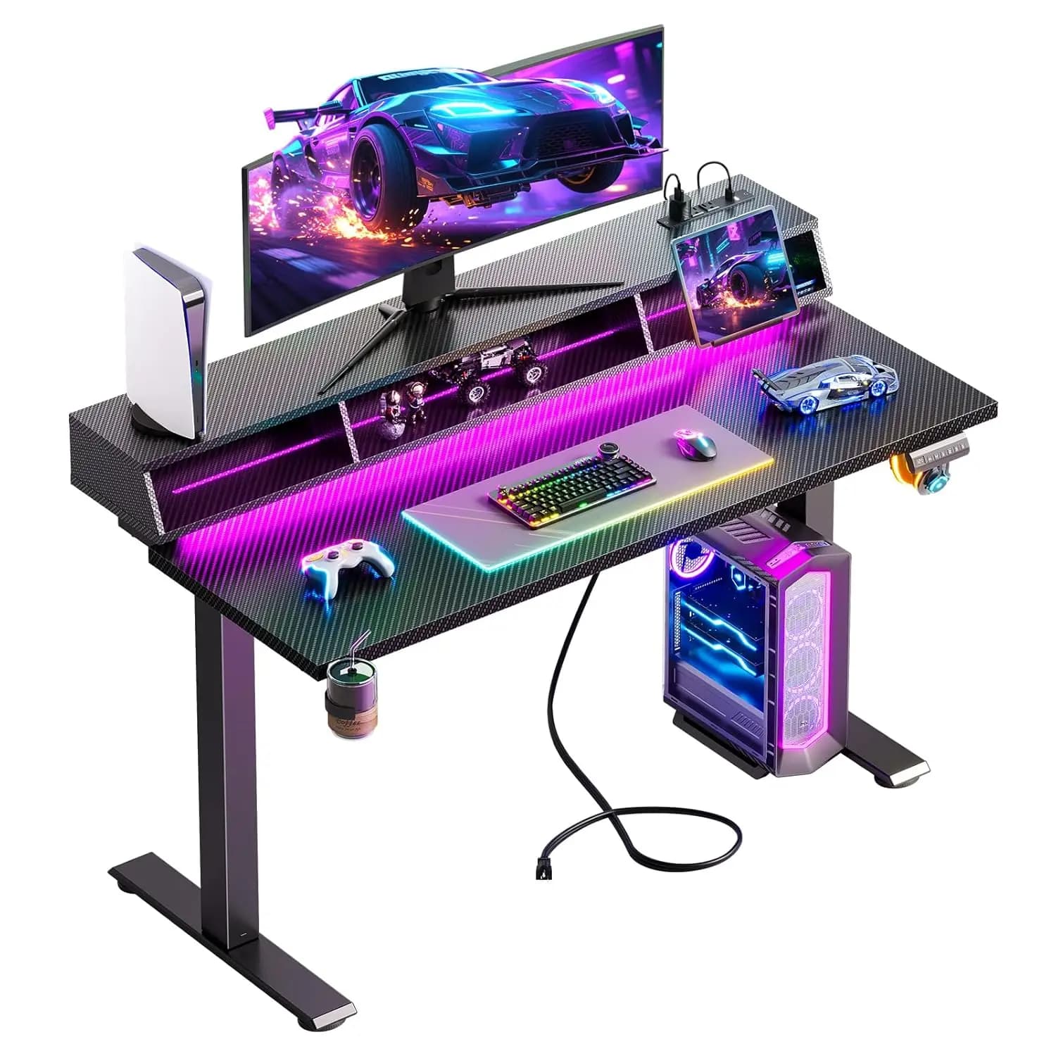 48 Inch Electric Gaming Desk with LED, Height Adjustable, Hold & Support Monitor, for Home & Office, Customizable