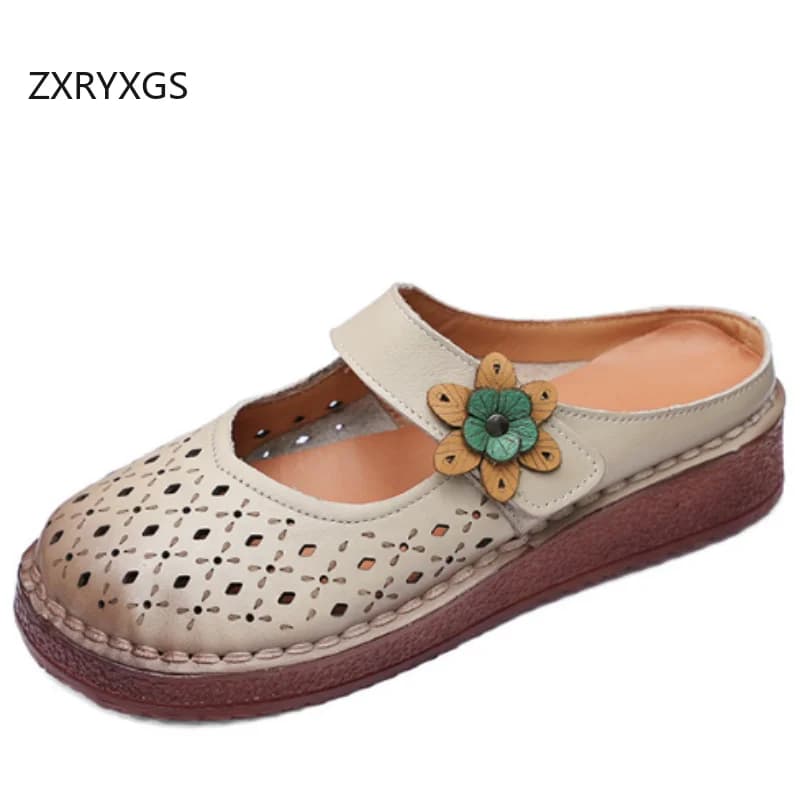 ZXRYXGS 2025 New Summer Superior Cowhide Flowers Round Toe Hollow Women Leather Slippers Flat Soft Sole Women Fashion Slippers