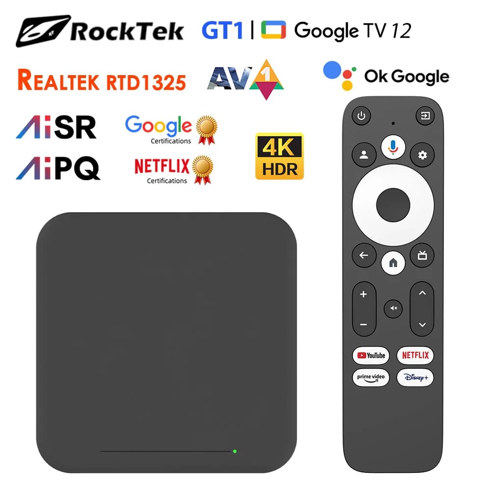 RockTek GT1 UHD Google TV Box Certificato Google 2GB 32GB Realtek1325 A55 Edge Supporto AI Dolby Atmos 2T2R Wifi5 BT5.2 Android Box