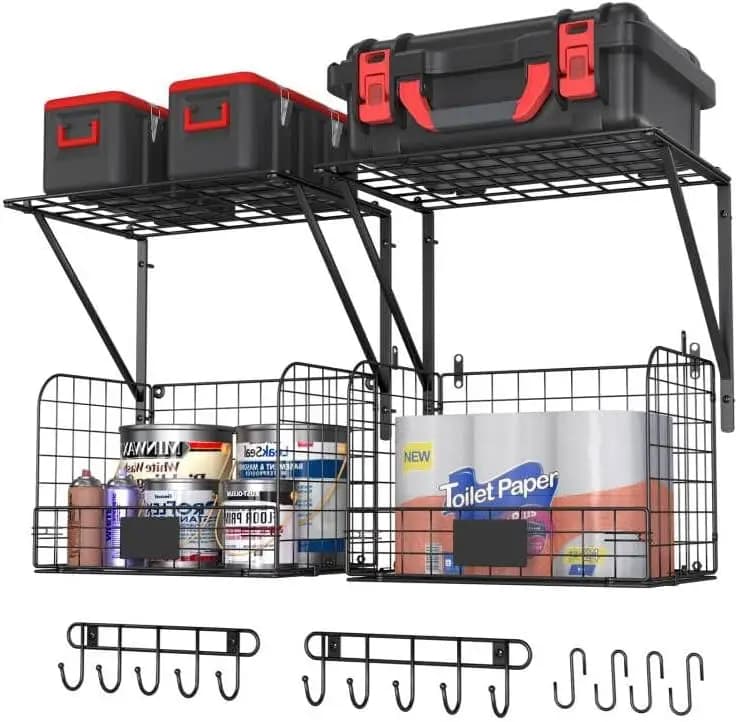 Set di 2 Scaffali da Garage a Parete Resistenti con Cestini in Rete e Ganci per Stoccaggio Casa e Giardino
