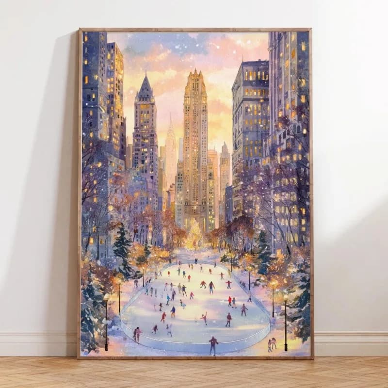 Winter New York City Canvas Wall Art Unframed Print Christmas Ice Skating Scene Poster for Festive Home Wall Decor