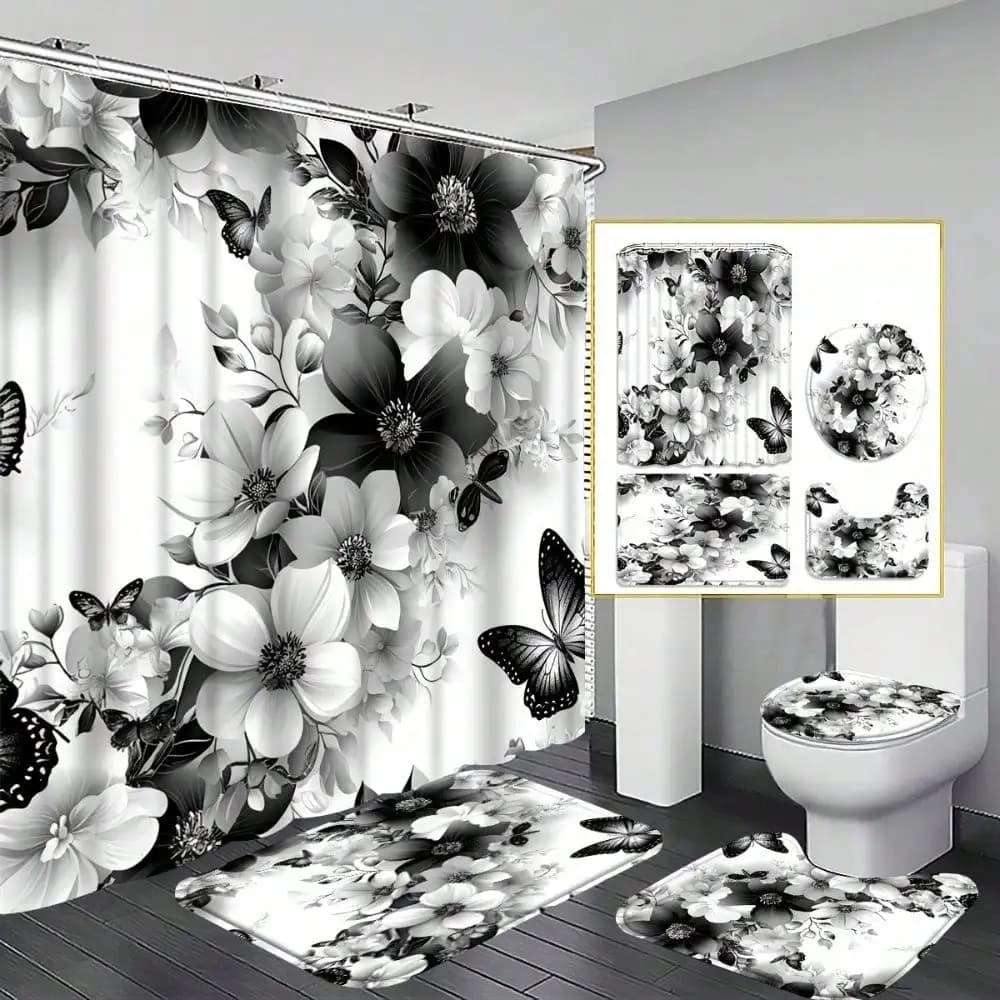 2D Flat, 1/3/4pcs 2D Flat Monochrome Floral Shower Curtain Set, Black and White Flower and Butterfly Bathroom Decor, Accessories with Bath Mat, U-shaped Mat, Toilet Lid Cover, 12 Hooks 70.87x70.87inch Curtain, Home Decor, Timeless Design